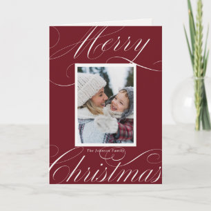 Modern Red Merry Christmas Elegant Script Photo Card