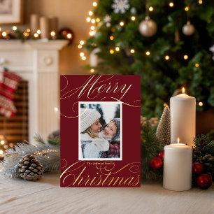 Modern Red Merry Christmas Elegant Script Photo  Foil Holiday Card