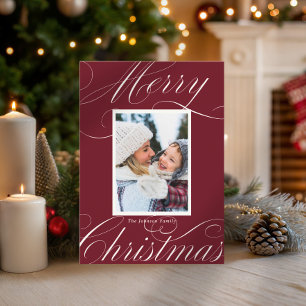 Modern Red Merry Christmas Elegant Script Photo  Holiday Card