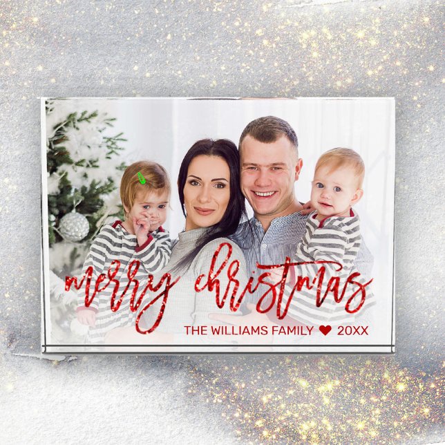 Modern Red Merry Christmas Glitter Script Family Photo Block (Merry Christmas Faux Red Glitter Script Custom Family Photo Block)