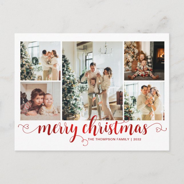 Modern Red Merry Christmas Heart Script 5 Photo Holiday Postcard (Front)