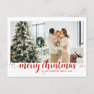 Modern Red Merry Christmas Heart Script Photo Holiday Postcard