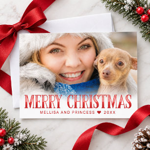 Modern Red Merry Christmas Pet Photo Holiday Card