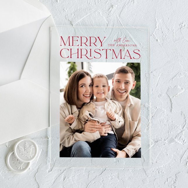 Modern Red Merry Christmas Photo Holiday Acrylic Invitations (Creator Uploaded)