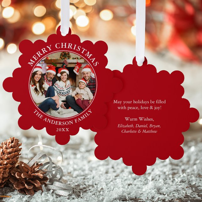 Modern Red Merry Christmas Photo Tree Decoration Card (A greeting card that is also an ornament! Customize with your photo and personalized text.)