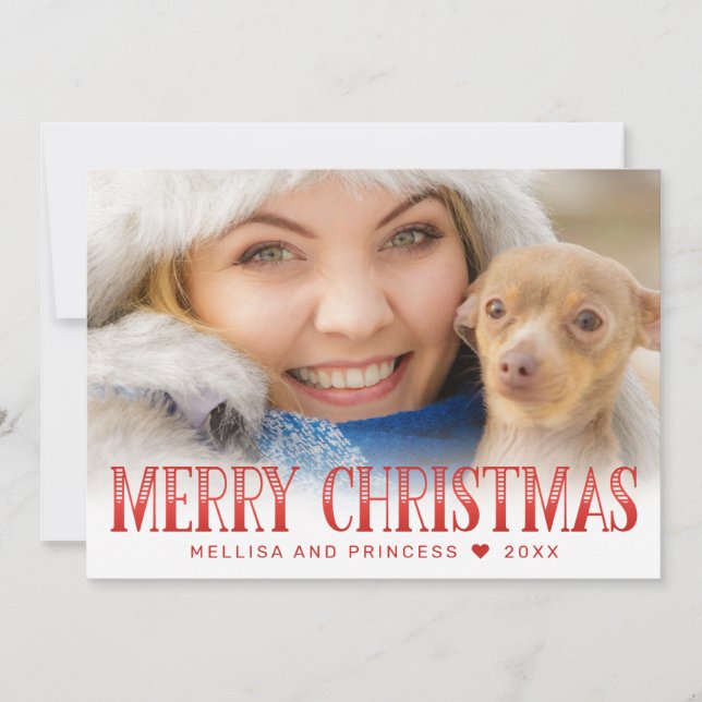 Modern Red Merry Christmas Script Family Photo  Holiday Card (Front)