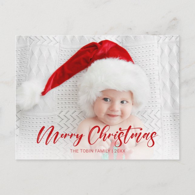Modern Red Merry Christmas Script Photo Postcard (Front)