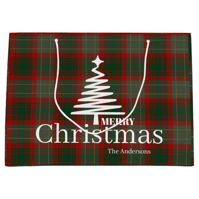 Modern Red Merry Christmas tree script tartan red Large Gift Bag (Front)