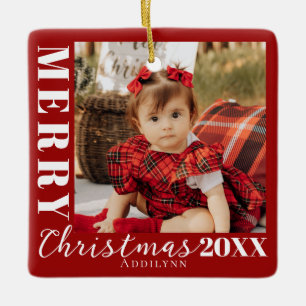 Modern Red Merry Christmas Two Photo Year 2026 Ceramic Ornament