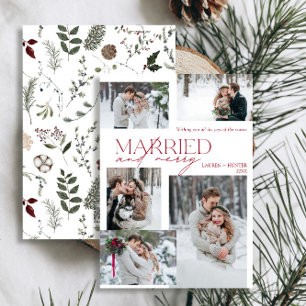 Modern Red Merry & Married Photo Newlywed Holiday Card