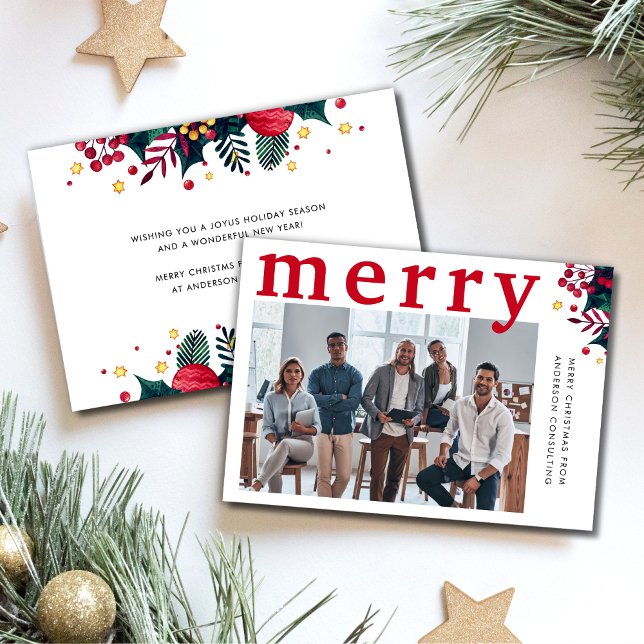 Modern Red Merry Photo Business Holiday Card (Creator Uploaded)