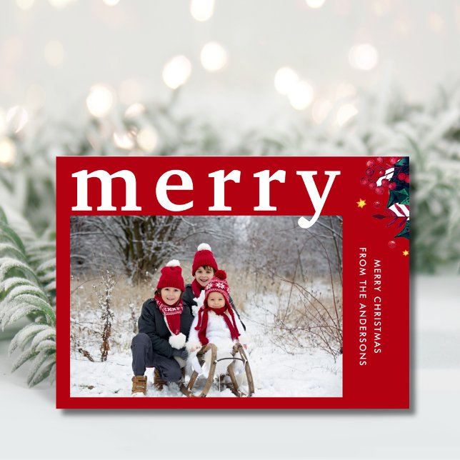 Modern Red Merry Photo  Holiday Card (Creator Uploaded)