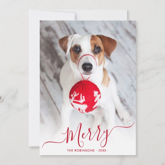 Modern Red Merry Script 2 Photo Christmas Holiday Card (Front)