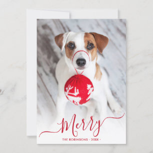 Modern Red Merry Script 2 Photo Christmas Holiday Card