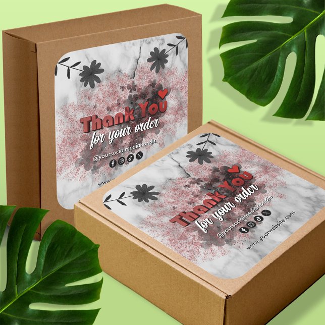 Modern Red Metallic Foil Thank You Floral Marble   Square Sticker (Creator Uploaded)