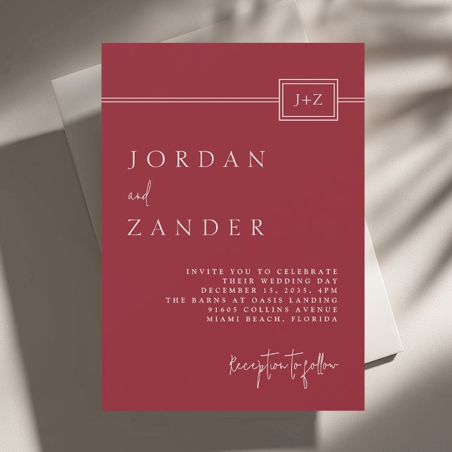 Modern Red Minimalist Monogram Wedding Invitation (Creator Uploaded)