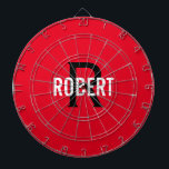 Modern red monogram name dart board<br><div class="desc">Modern red dart board with a white name and black monogram. Personalise with name and initial.</div>