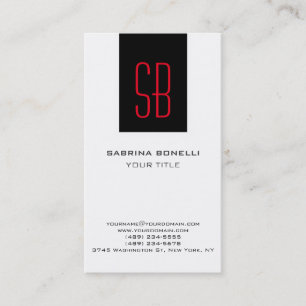 Modern Red Monogram Stripe White Business Card