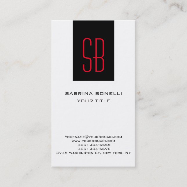 Modern Red Monogram Stripe White Business Card (Front)