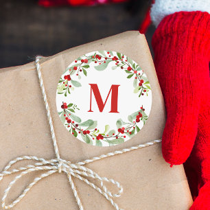 Modern Red Monogram Wreath Berries Christmas Classic Round Sticker