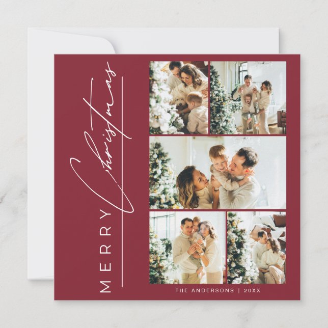 Modern Red Multi Photo Merry Christmas Script Holiday Card (Front)