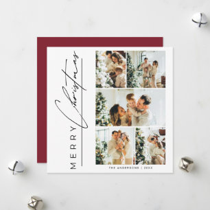 Modern Red Multi Photo Merry Christmas Script Holiday Card