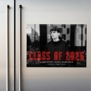 Modern Red Neon Class of 2025 Photo Graduation Magnetic Invitation