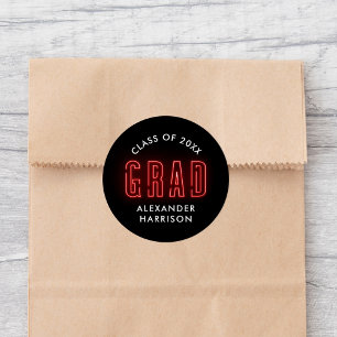 Modern Red Neon Graduation Classic Round Sticker
