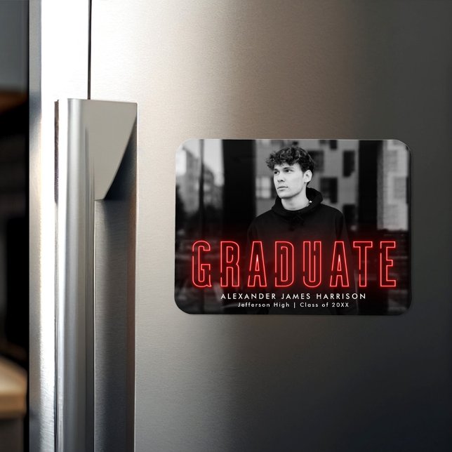 Modern Red Neon Photo Graduation Magnet (Creator Uploaded)