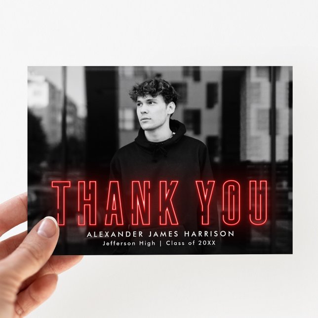 Modern Red Neon Photo Graduation Thank You Card (Creator Uploaded)