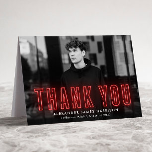 Modern Red Neon Photo Graduation Thank You Card