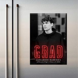 Modern Red Neon Vertical Photo Graduation Magnetic Invitation