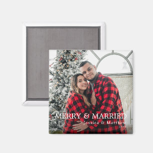 Modern Red Newlyweds Full Photo Merry and Married Magnet
