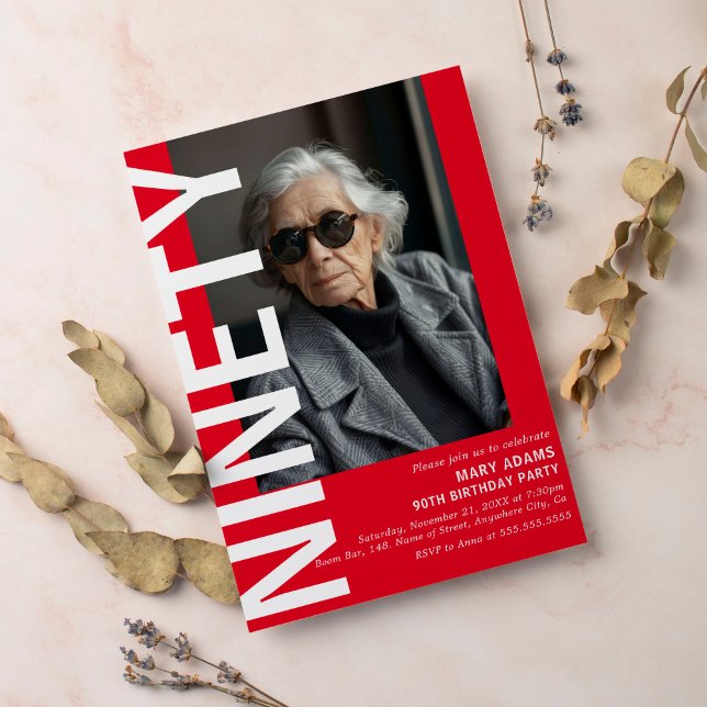Modern Red NINETY Photo 90th Birthday Party Invitation (Creator Uploaded)