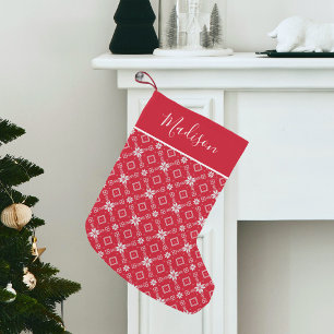 Modern Red Nordic Snowflake Personalised Small Christmas Stocking
