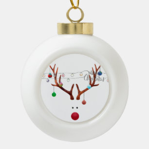 Modern Red Nosed Reindeer Colourful Lights Ceramic Ball Christmas Ornament