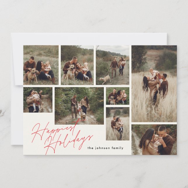 Modern red & off white Christmas 9 Photo Happiest Holiday Card (Front)