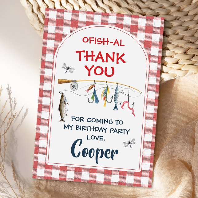 Modern Red Ofishally One 1st Birthday  Thank You Card (Fishing Birthday Thank You Card, Ofishally One Birthday Thank you Card, Red Gingham Fishing Card
)