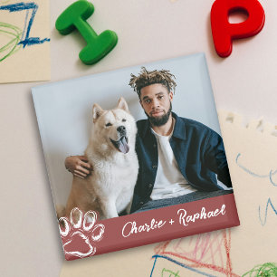 Modern Red One Sided Dog Pet Photo Paw Print Magnet