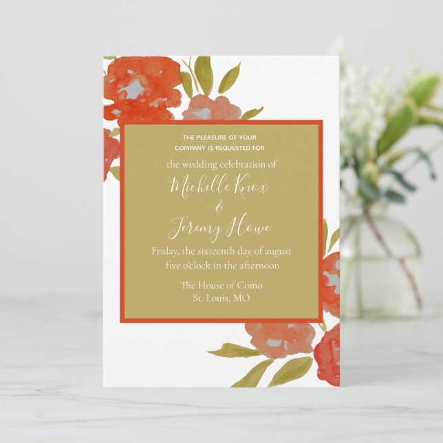 Modern Red Orange Gold Floral Wedding Invitation (Standing Front)