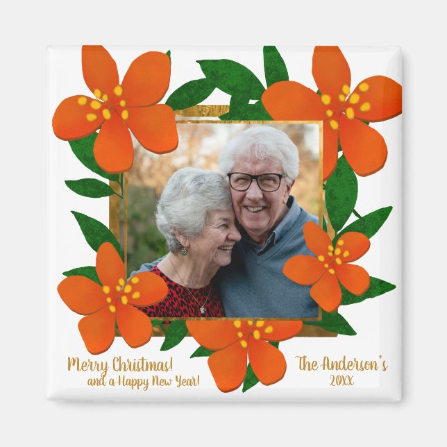 Modern Red Orange Gold Photo Floral Frame  Magnet (Front)