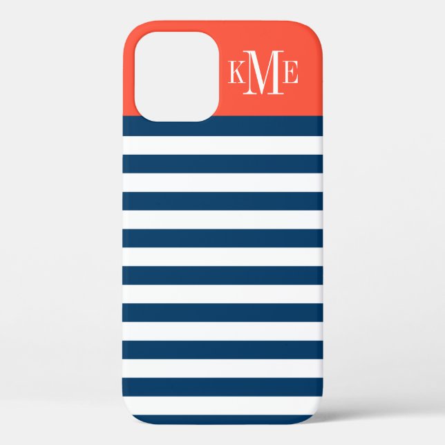 Modern Red Orange Navy Stripes Custom Monogram Case-Mate iPhone Case (Back)