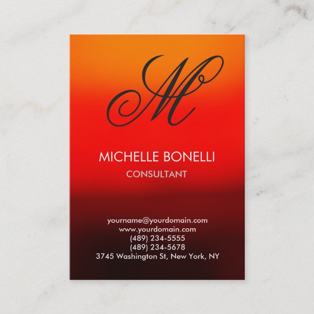 Modern red orange script monogram business card (Front)