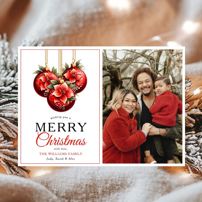 Modern Red Ornaments Merry Christmas Photo Holiday Card (Creator Uploaded)