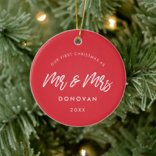 Modern Red Our First Christmas Wedding Photo Ceramic Tree Decoration
