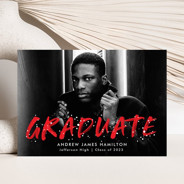 Modern Red Paint Splatter Photo Graduation Announcement (Creator Uploaded)