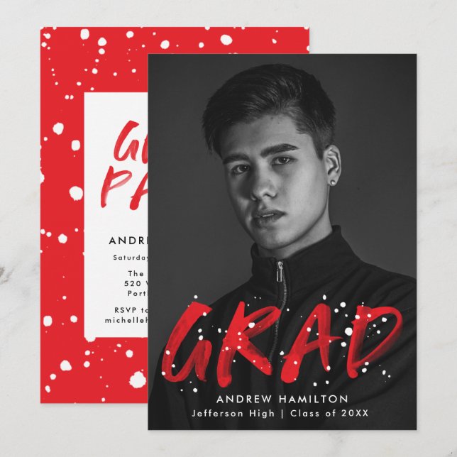 Modern Red Paint Splatter Photo Graduation Party Invitation (Front/Back)