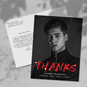 Modern Red Paint Splatter Photo Thank You Postcard