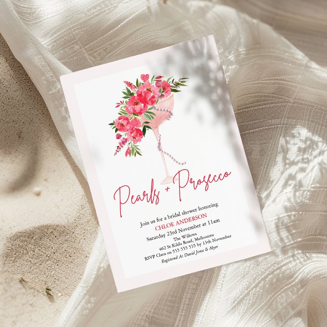 Modern Red Peonies Pearls Prosecco Bridal Shower Invitation (Red Floral Pearls and Prosecco Bridal Shower Invitation, Modern Pearls Prosecco Bridal Shower Invite)