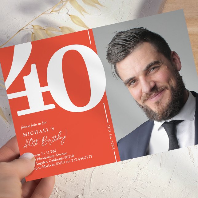 Modern Red Photo 40th Birthday Invitation (Creator Uploaded)